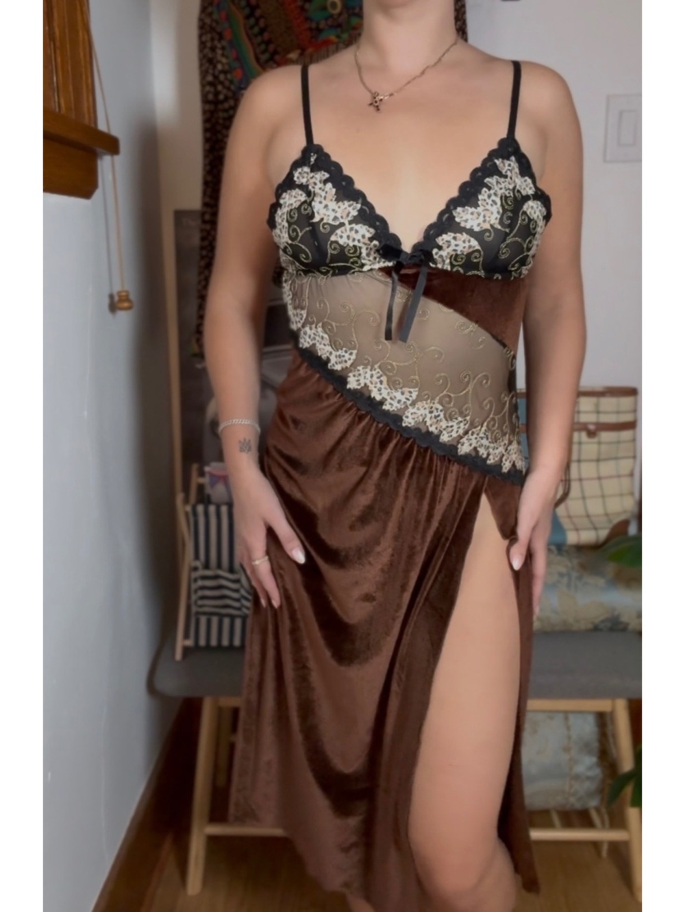 Vintage Brown Velvet and Lace Nightgown with Side Slit - Size Large
